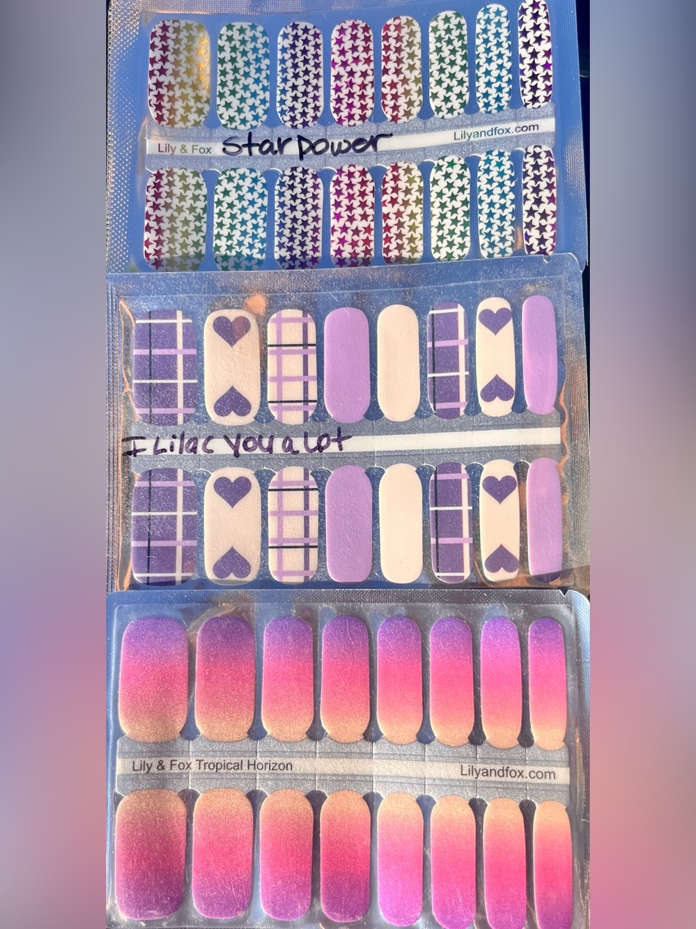 Lily & Fox Nail Polish Strip Set โ Assorted Purple, Pink, Blue & Red Designs - Picture 2 of 4